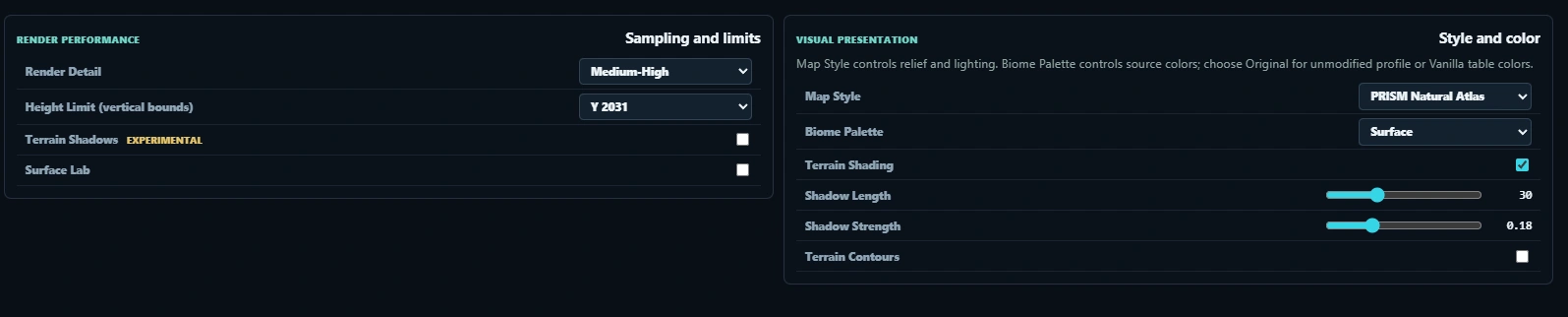 WGL settings for render performance, map style, biome palette, terrain shading and contours.